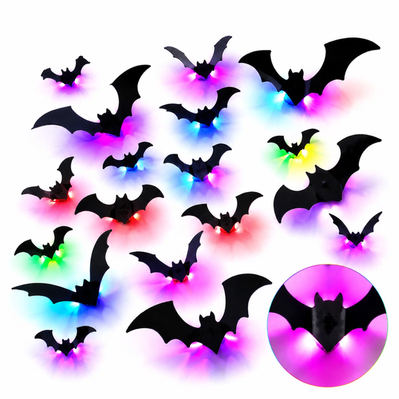 Halloween 3D Lighted Bats, LED Glowing Bat Stickers Wall Decor Assorted Sizes for Indoor Outdoor Window Party
