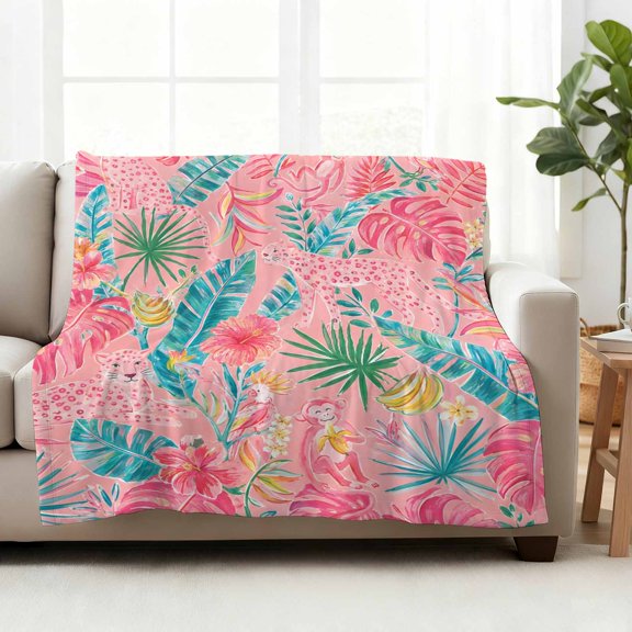 Fleece Blanket Summer Farm Leaves Pink Blankets,Soft Cozy Warm Flannel Throw Blanket,Tropical Monstera Fronds Blanket for Bed Couch Sofa 50x60in