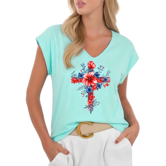Cozymy Women's Floral Cross Christian Graphic V-Neck Sleeveless T-Shirt Casual Faith Based Tank