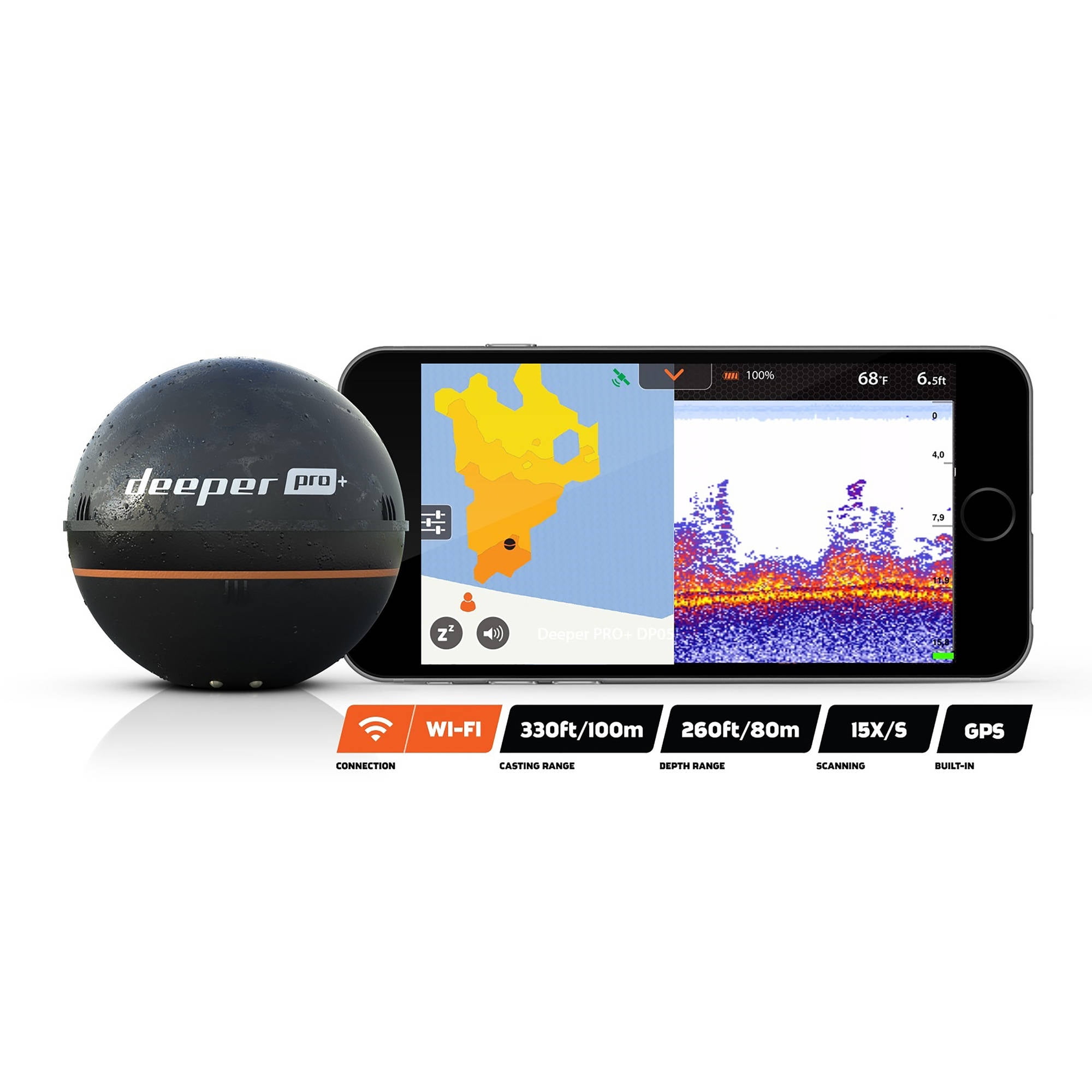  Deeper PRO+ Smart Sonar Castable and Portable WiFi Fish Finder  with Gps for Kayaks and Boats on Shore Ice Fishing Fish Finder : Electronics