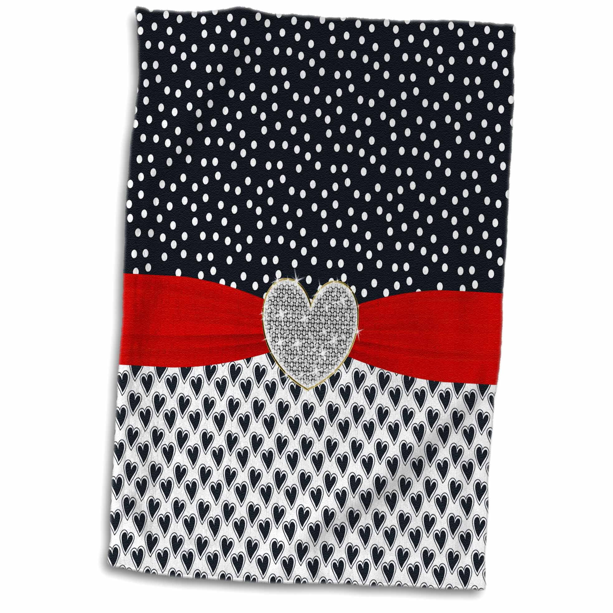 3dRose Cute Black and White Hearts and Confetti Red Ribbon Digital Diamond - Towel, 15 by 22-inch