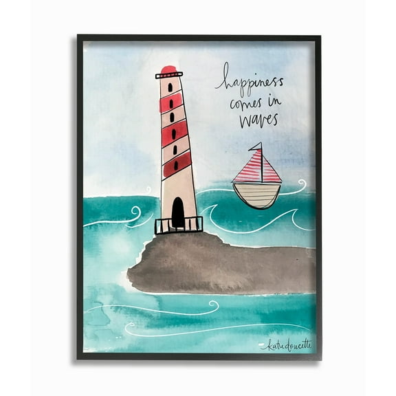The Stupell Home Decor Collection Happiness Comes In Waves Lighthouse And Sailboat Coastal Illustration Framed Giclee Texturized Art, 11 x 14