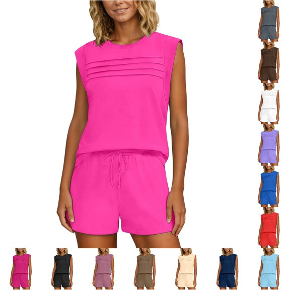 Tanghaowl Short Sets for Women, Casual Two Piece Outfit with Sleeveless Shorts and Pockets Comfortable Travel Jogger Set Featuring Relaxed Fit for Spring Summer Autumn Hot Pink2 XL