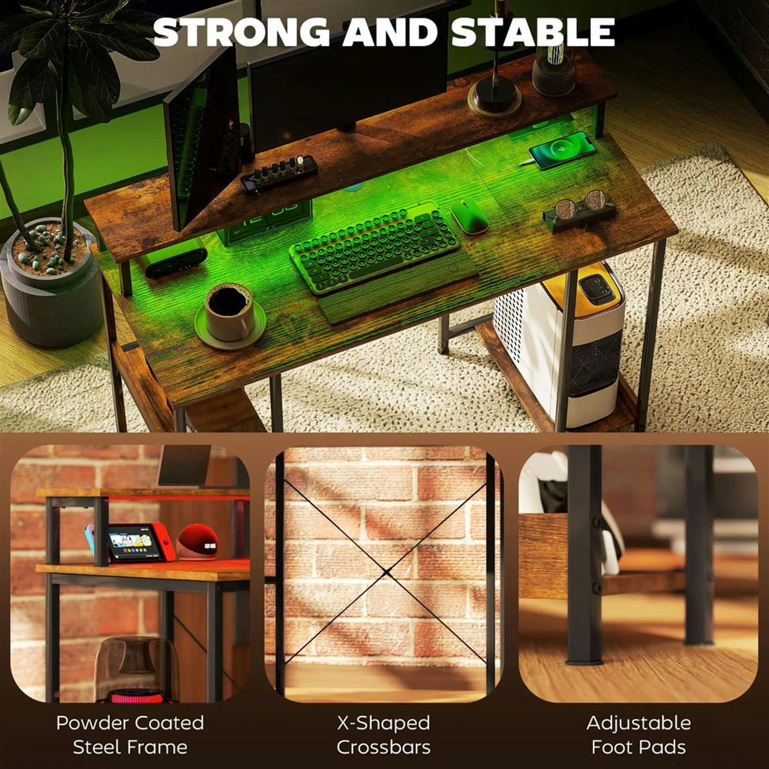 Demi Bonn 47" Reversible Office Desk with LED Lights and Power Outlets, Home Computer Desk for Living Room, Office, Study Table PC Desks, Brown