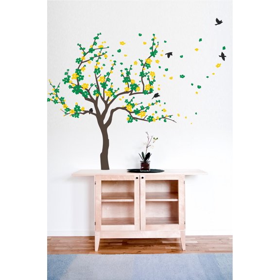 Japanese Cherry Blossom Tree and Birds Wall Decal Sticker for Flower Baby Nursery Room Decor Art
