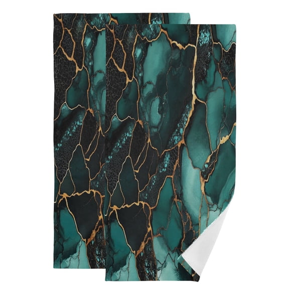 Qxltty Dark Green Gild Marbles Face Towel Set of 2 Polyester Cotton Soft Bath Towels for Bathroom Kitchen Hotel Spa 28.3x14.4in