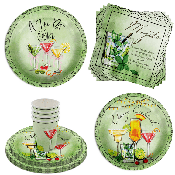 Tiny Bit Older Cocktails 21st Birthday Party Supplies - 64 Piece Twenty-First Birthday Tableware Set Includes Large 9" Dinner Plates and 8" Dessert Paper Plates Napkins Cups - Kit for 16
