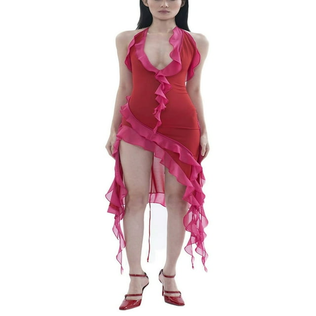 Women Summer Sleeveless Halterneck Ruffle Patchwork Dress Solid Color Slim Fit Backless V Neck Bodycon Midi Dress