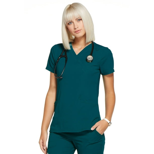 Elle Elle Scrubs Top for Women Mock Wrap Plus Size EL620, 2XL, Caribbean Blue