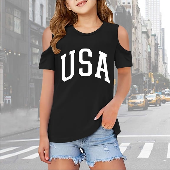 Girls T shirts Short Sleeve Cold Shoulder Crewneck USA Letter Print Graphic Tees Summer Casual Loose T-Shirts for Girls Size 3-4Y