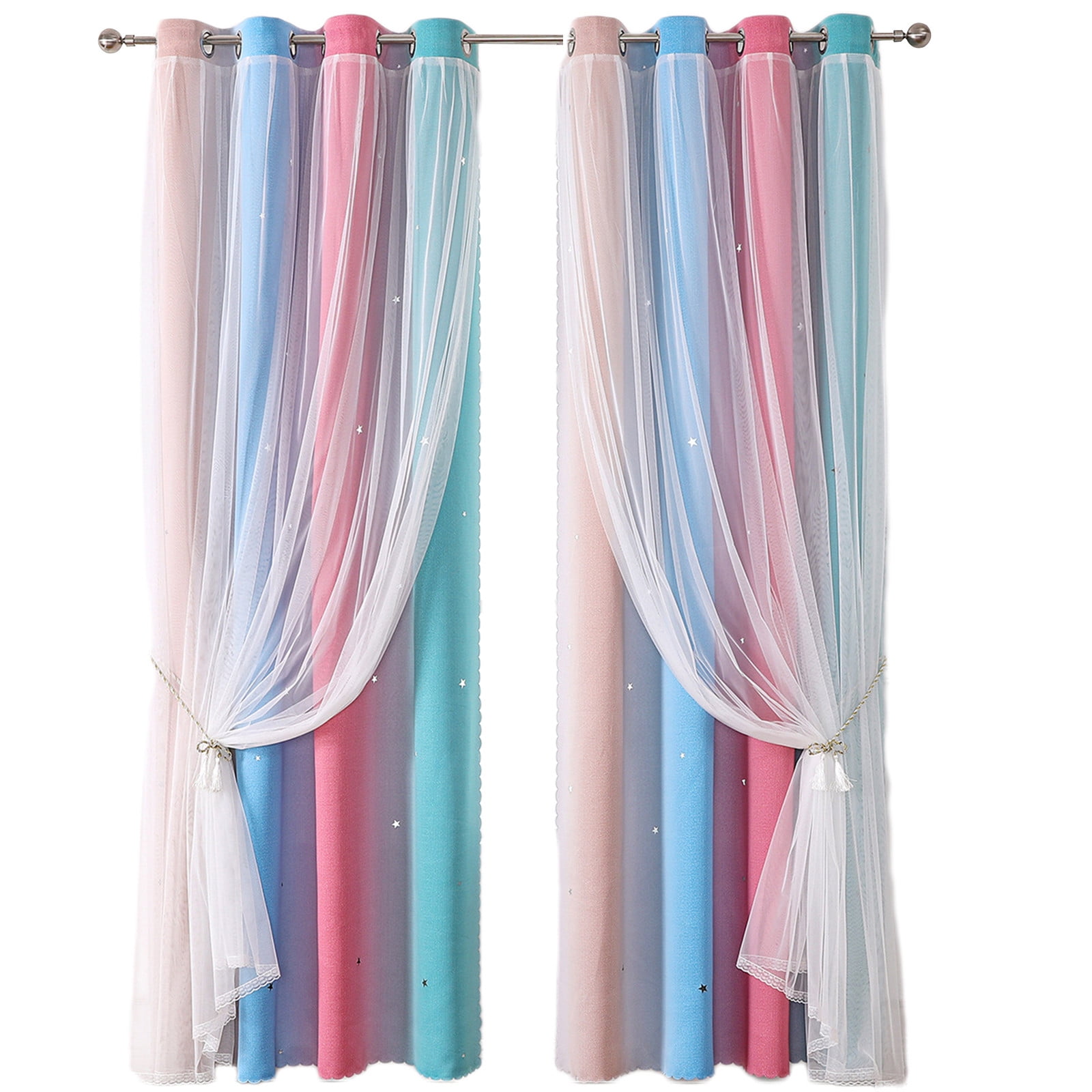 2-in-1 Double-Layer Kids & Girls Unicorn Princess Ombre Blackout Curtains with Foil Print Sheer,Panels for Bedroom, Nursery, Living Room - Yellow Purple Blue, 52W x 63L