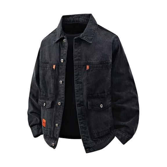 LODIENY Denim Jackets for Men with Multi Pockets Button Down Collared Trucker Jean Jacket Baggy Coats Fall Outfits Black S