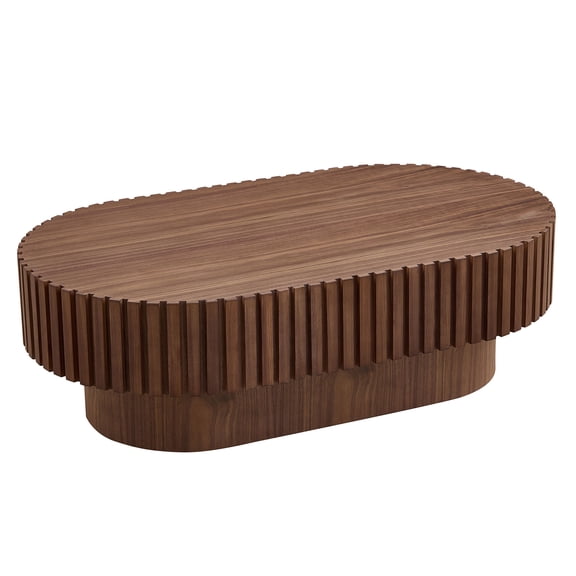 JERFIT Modern Oval Drum Coffee Table, Walnut Finish MDF Pedestal Living Room Cocktail Table with Storage