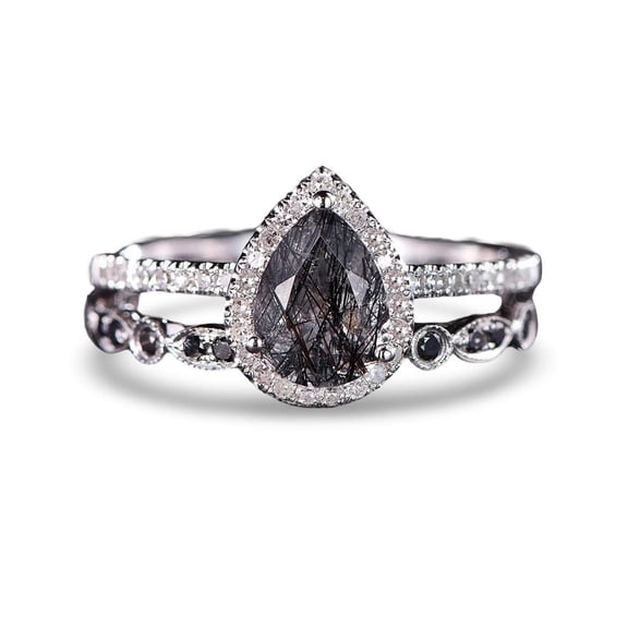Sterling Silver Pear Cut Black Rutilated Quartz Gemstone Ring For Women