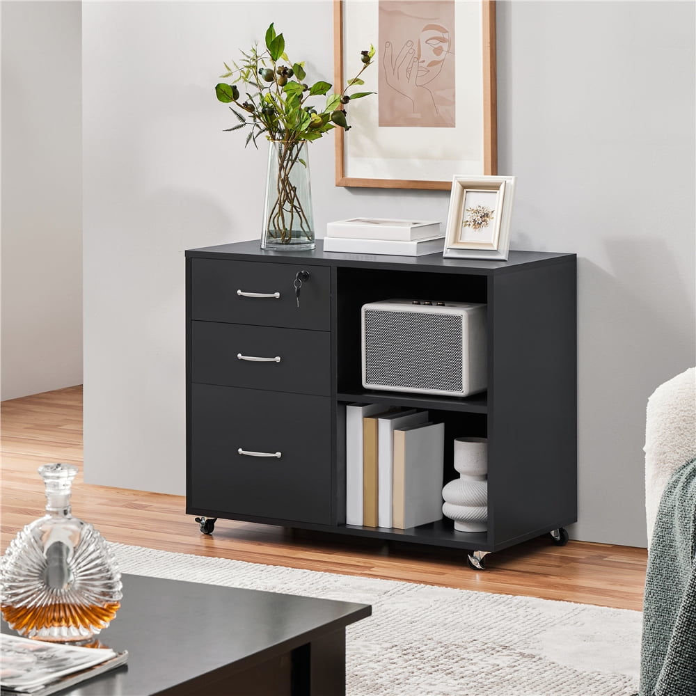 Yaheetech 3-Drawer Wooden Vintage File Cabinet with Wheels for Home and Office, Black