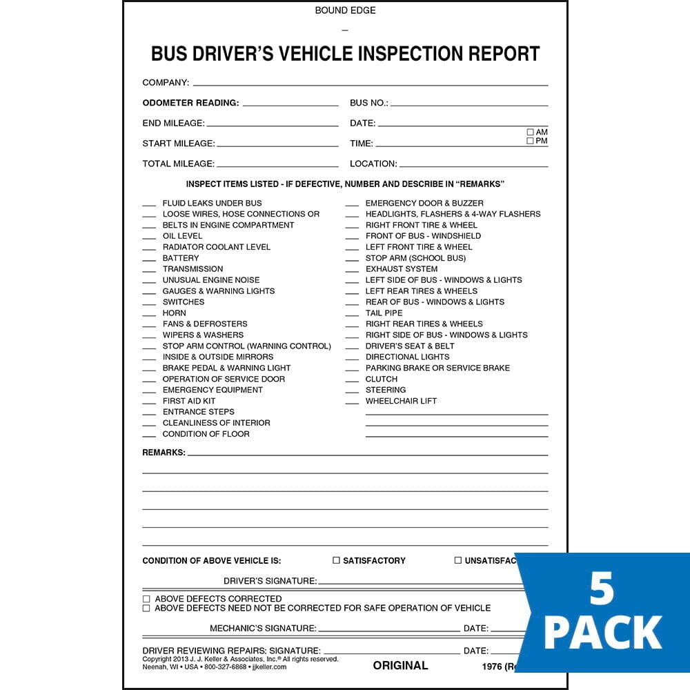 Bus Driver's Vehicle Inspection Report 5-pk. - Book Format, 3-Ply Carbonless, 5.5" x 8.125", 31 Sets of Forms Per Book
