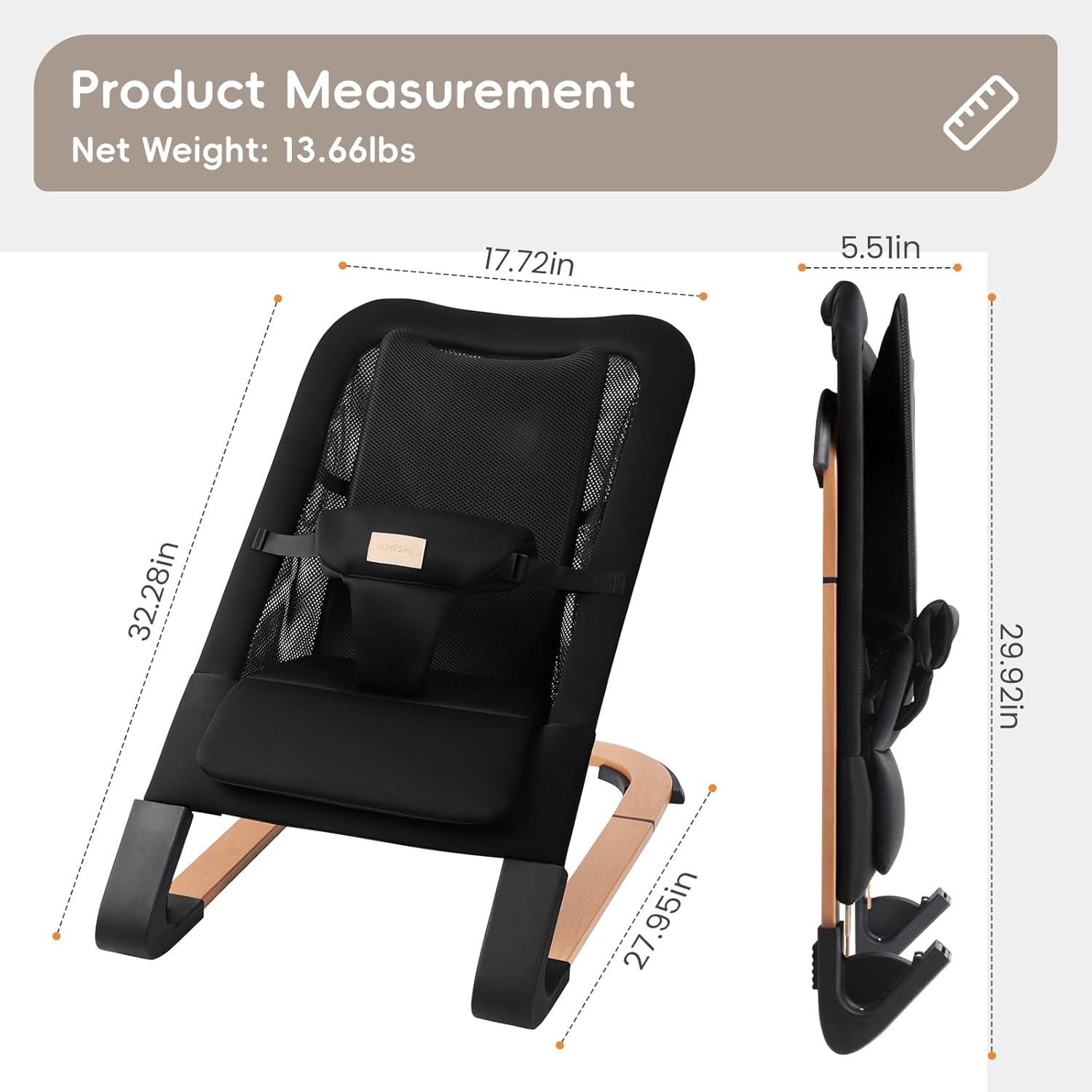 Portable Baby Bouncer & Rocker Seat for Infants, Adjustable Reclining Baby Chair with 3-Point Safety Harness, Lightweight Foldable Design for 0-18 Months, Supports Up to 60 lbs, Black