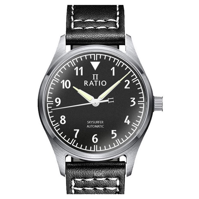 Ratio Skysurfer Pilote Cadran Texturé Noir Cuir Automatique RTS303 Montre Homme 200M
