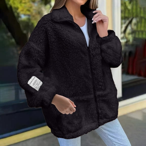 BSDJILFG Fleece Bomber Jackets for Women Full Zip Up Winter Coats Long Sleeve Thick Plush Shirt Jackets with Pockets