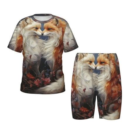 Luyuia Romantic Flower Fox Couple Print Girls  2-Piece Tie-Dye Pajama Set  Cute Summer Loungewear with Shirt and Tank Shorts Nightwear-Large