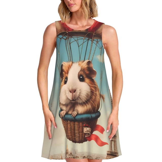 Fotbe Hot Air Balloon Guinea Pig Vestido de Verano sin Mangas para Mujer – Vestido Midi Línea A, Estilo Camiseta Floral, Vestido Playero Casual y Fluido