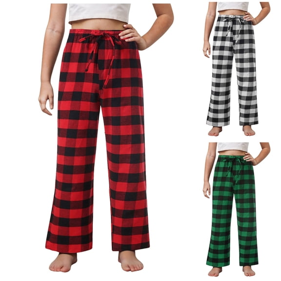 Pandaie 7-18Y Pajama Pants for Girls Boys Long Sleep Soft Pj Bottoms Drawstring Elastic Waist Plaid Lounge Trousers with Pocket Black