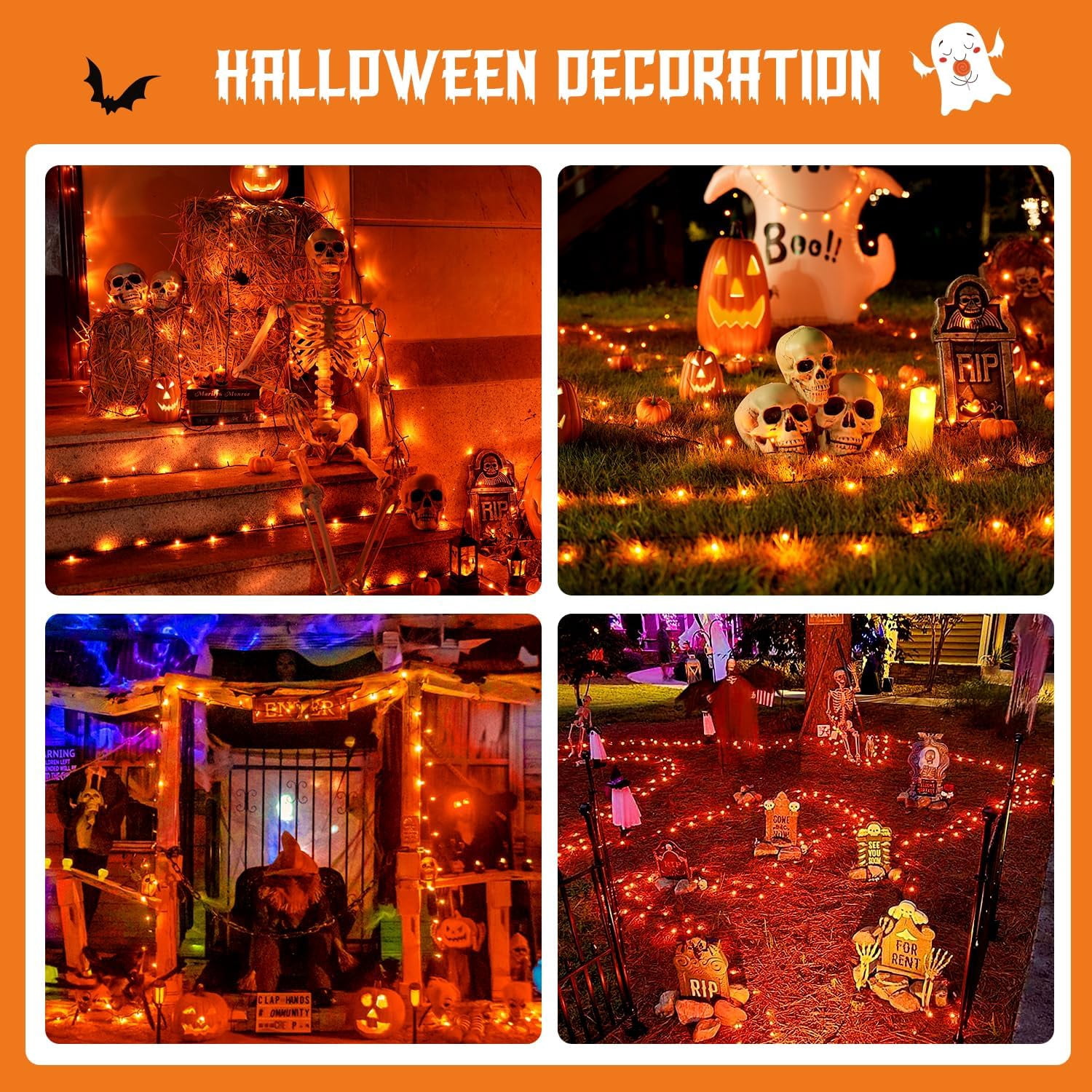 JMEXSUSS 2 Pack Orange Solar Halloween Lights, Total 400 LED 151FT Solar String Lights Outdoor Waterproof, 8 Modes Halloween Lights for Outside Tree Patio Yard Garden Halloween Decorations