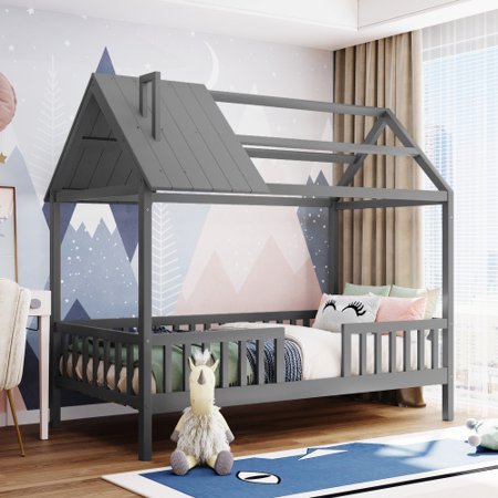 JINS & VICO Platform Bed  Twin Size House Bed Frame with Fence Guardrail and Roof  Solid Wood House Bed for Kids Boys Girls Bedroom  No Box Spring Needed  Gray
