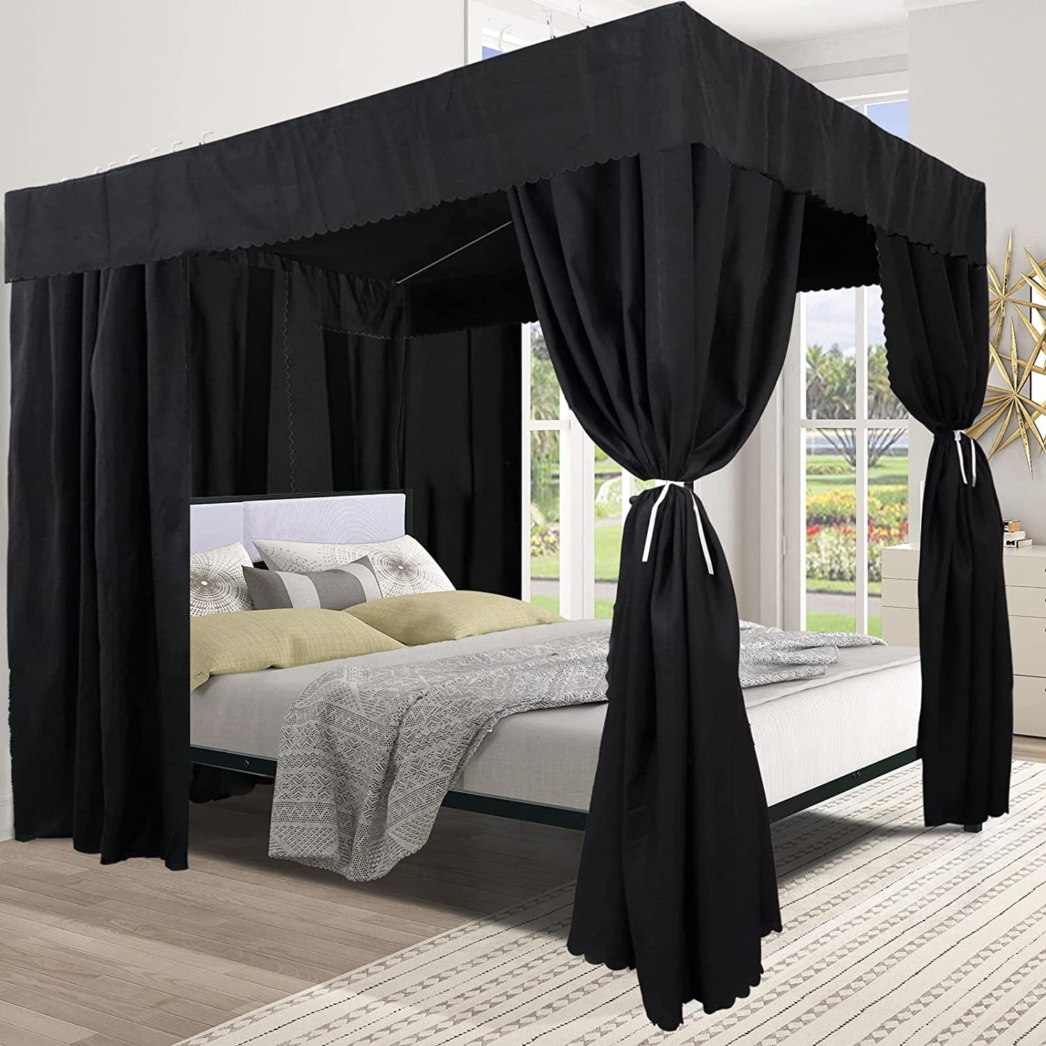 Black Canopy Bed Curtains - 4 Corner Post Bed Curtains Canopy Full Bed Canopy Curtains for Adults Girls Bedroom Decoration(Black, Full)