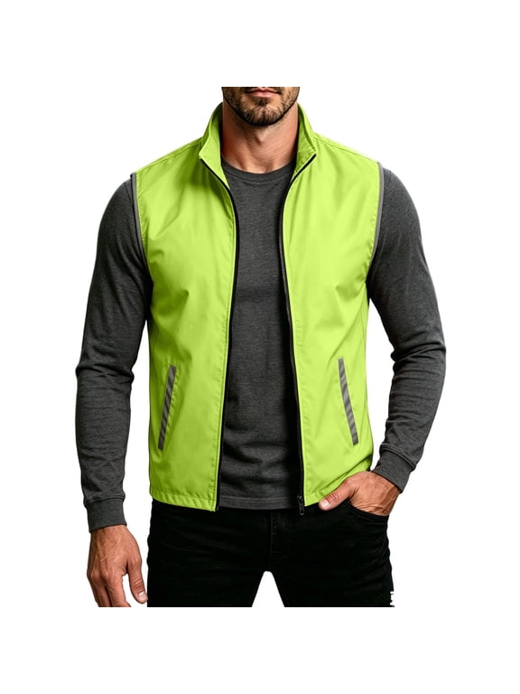 Zip Up Jacket for Men Sleeveless Reflective Strip Waterproof Lightweight Vest Outerwear