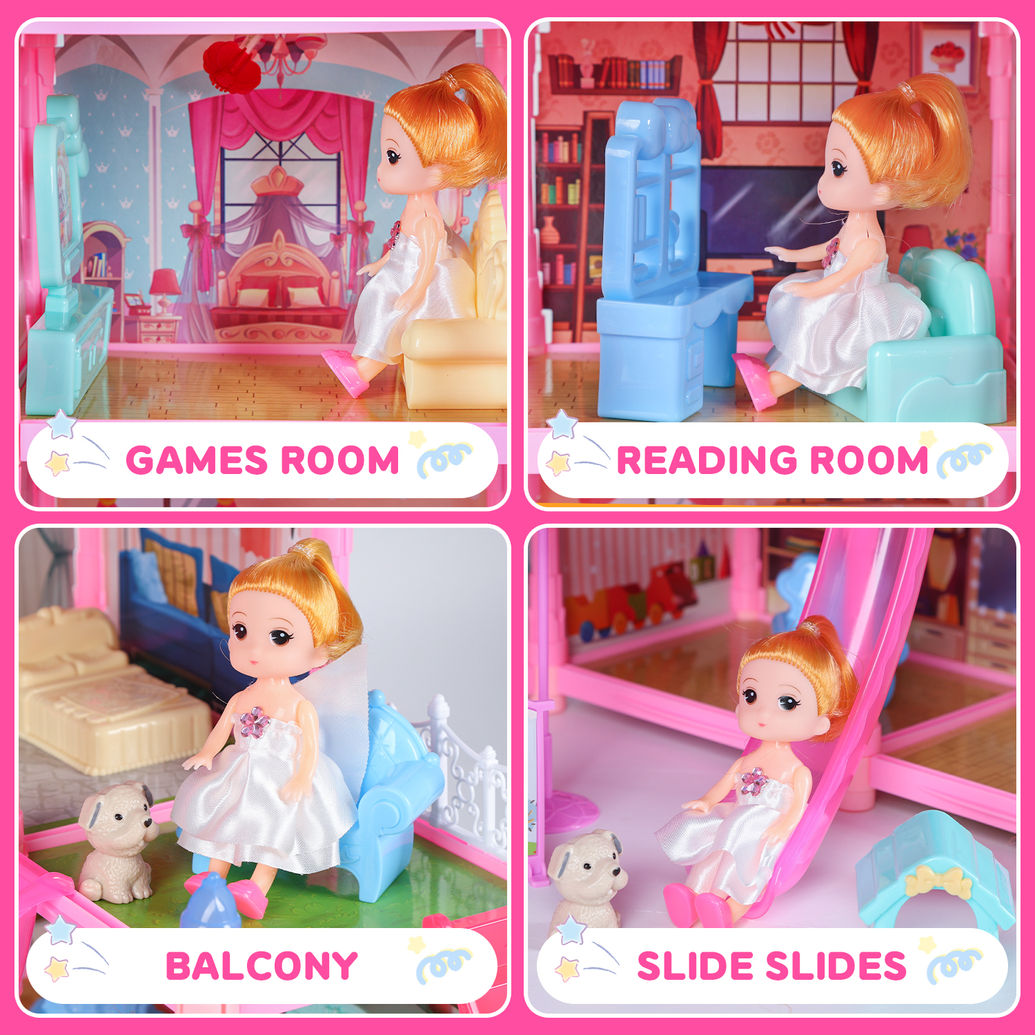 JoyStone 10 Rooms DollHouse, Huge Dollhouse Playset with LED Lights, Dolls, Furnitures, Accessories with Play Mat DIY Pretend Play Toys Gifts for Kids
