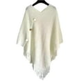 thumbnail image 2 of Women's Knitted Poncho Sweater V-Neck Button Pullover Cape with Tassels Cozy Shawl Wrap Cardigan Tops for Fall Winter White, 2 of 3