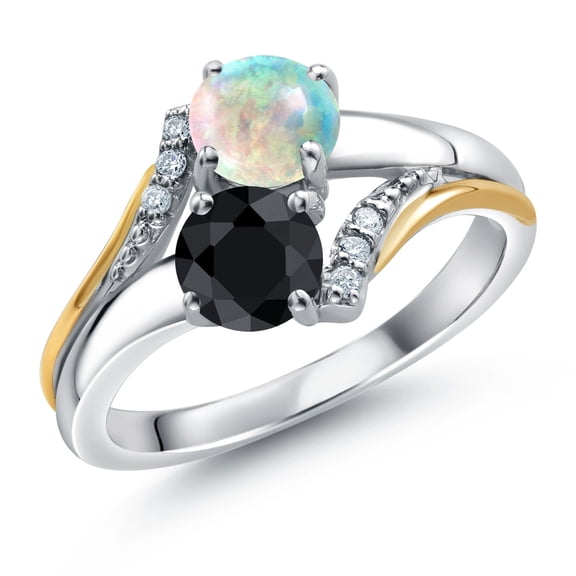 10K Yellow Gold and 925 Silver Black Sapphire and Simulated White Opal and White Lab Grown Diamond Accent Engagement Ring for Women (1.22 Cttw, Gemstone September Birthstone, Round 5MM, Size 7)