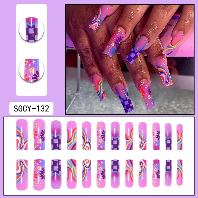 24 Long Coffins with Purple Flower Patterns ABS Full Gloss Fake Nails&1 Nail File and 1 Piece of Jelly Glue press on nails