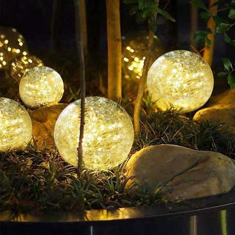 Solar Ball Lights Outdoor Waterproof, 30 LED Cracked Glass Globe Solar Power Ground Lights for Path Yard Patio Lawn, Christmas,New Year Decoration Landscape Warm White(4 Pack 4.7'')