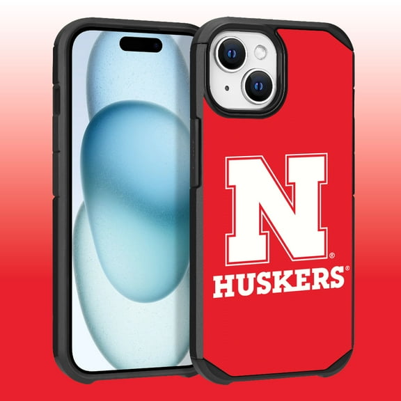 Apple iPhone 15 (6.1) / iPhone 14 (6.1) / iPhone 13 (6.1) - Licensed NCAA University of Nebraska Cornhuskers Logo on Red Textured Dual Layer Case