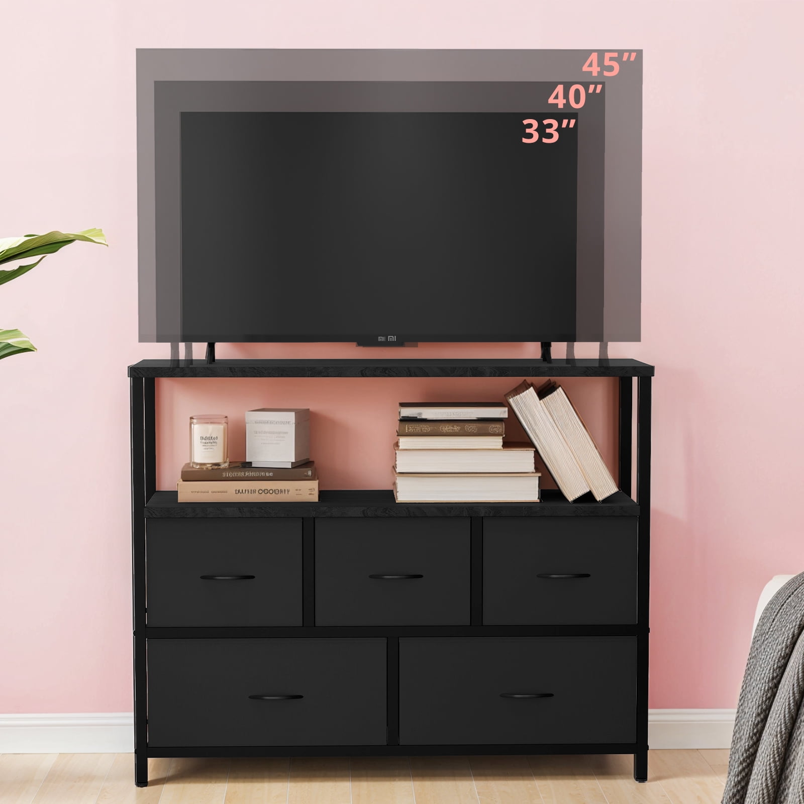 Small TV Stand, Black Dresser TV Stand for Bedroom, Entertainment Center for 45 Inch TV with Drawers, Fabric, Adjustable Feet, Living Room