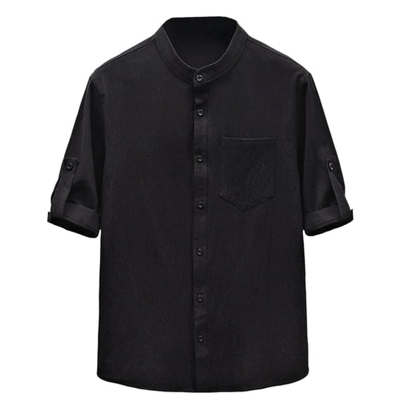 Agkizg Men Casual Shirts Solid Color Half Sleeve Stand Collar Tops Cottons Linen Like Fabric Lightweight Regular Fitting Wear