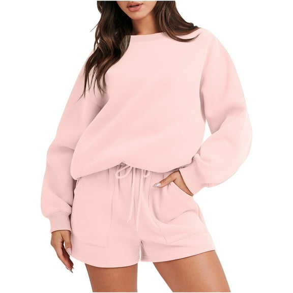 Busydd Two Piece Sets for Women Solid Color Casual Womens Sweatsuits Long Sleeve Round Neck Sweatshirts and Elastic Waist Drawstring Shorts Lounge Sets for Women 2XL