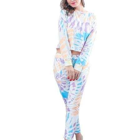 

Pajamas For Women Multi-Color Two Piece Pajamas Set Long Sleeve Short Sweatshirt With Long Pants Sleepwear Womens Sleepwear
