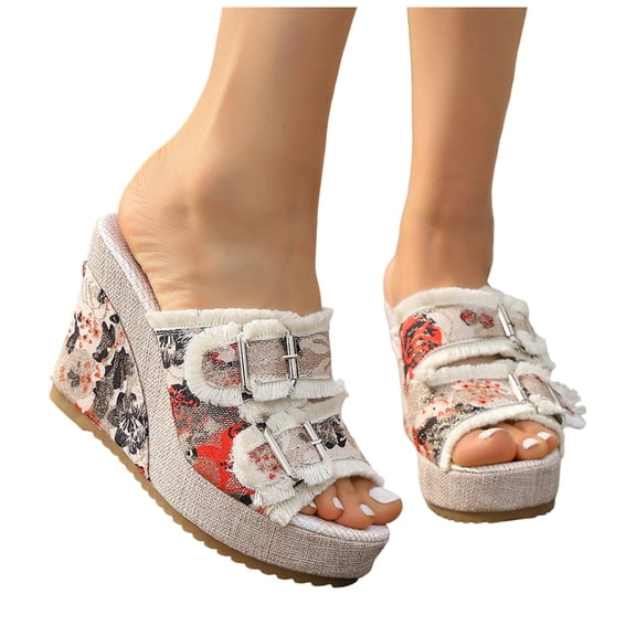 Rokment Floral Fringed Denim Platform Wedge Heeled Sandals for Women Trendy Casual Leopard Canvas Buckles Espadrilles Chunky Heels Slides Dress Backless Slippers 2026 Summer Beige Size 6.5