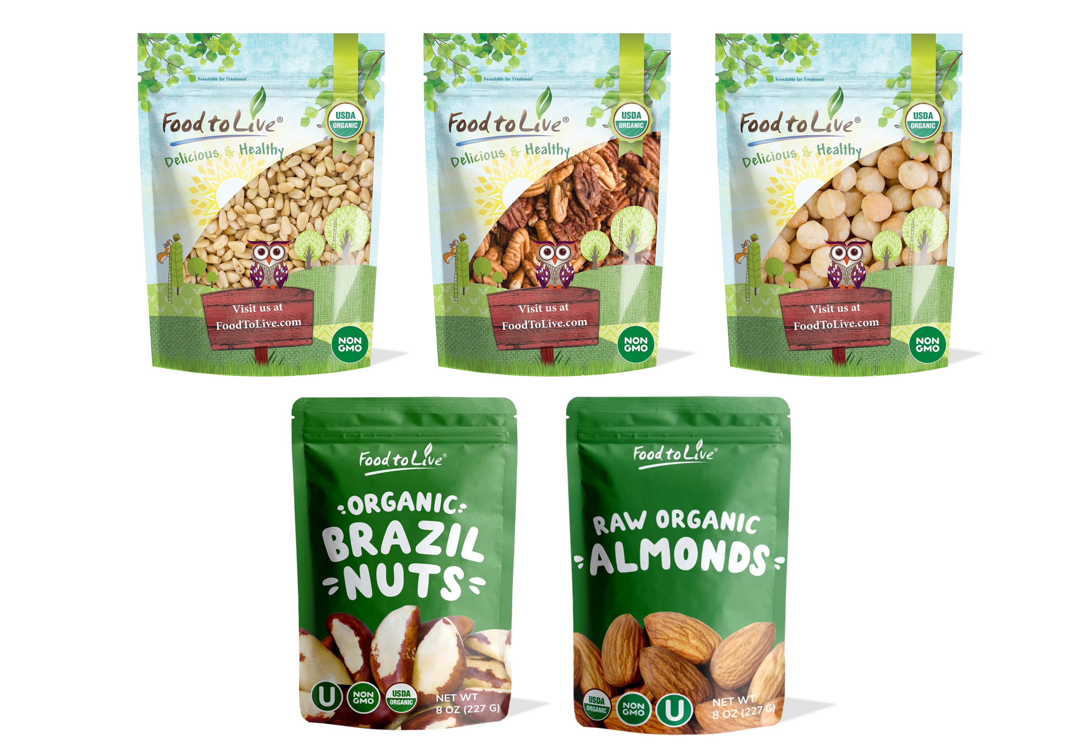 Organic Nutritious Nuts in a Gift Box - A Variety Pack of Pecans, Brazil Nuts, Macadamia Nuts, Pine Nuts and Almonds – by Food to Live
