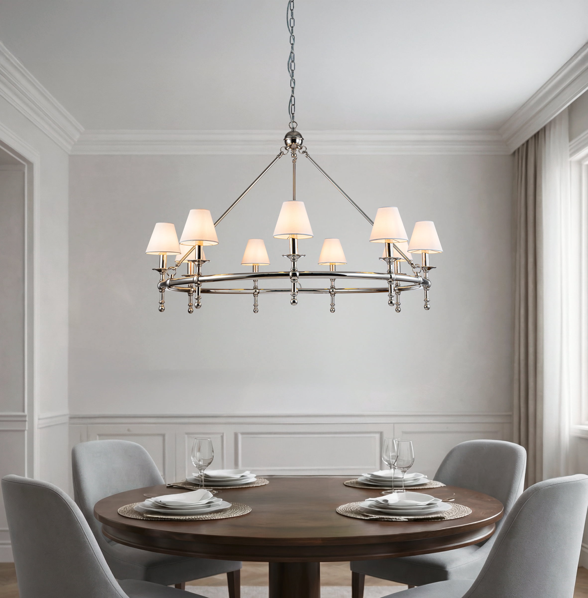 47 in. 9-Light  Modern Polished Nickel Chandelier with White Fabric Shades for Dining Rooms and Large Rooms