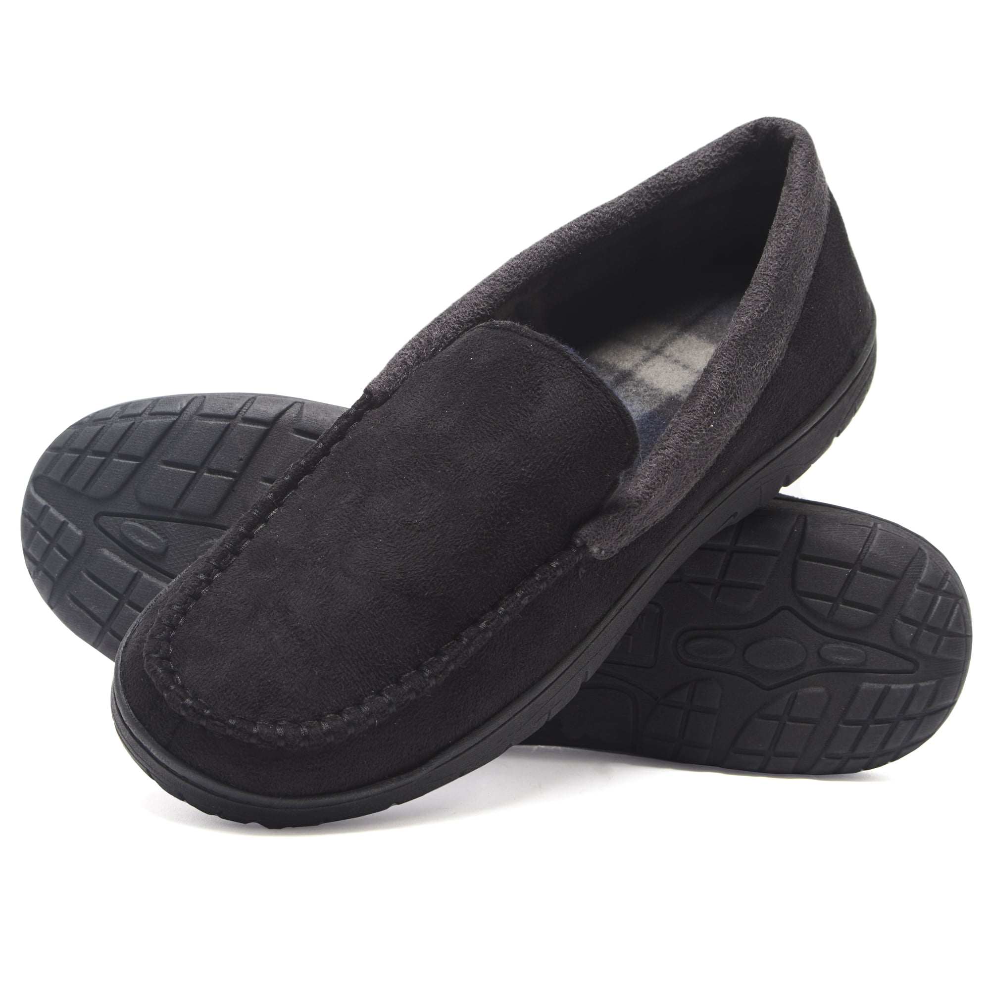 EZ Feet Mens Mixed Material Moccasin with Whipstitch Detail Indoor/Outdoor Breathable Memory Foam Slipper 