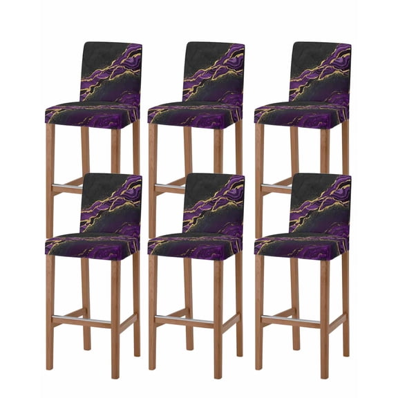 Marble Black Bar Stool Covers Set of 6, Purple Gold Art Abstract Vintage Farmhouse Stretch Washable Bar Chair Covers with Backs, Removable Pub Counter Height Chair Cover for Kitchen Dining Room Cafe