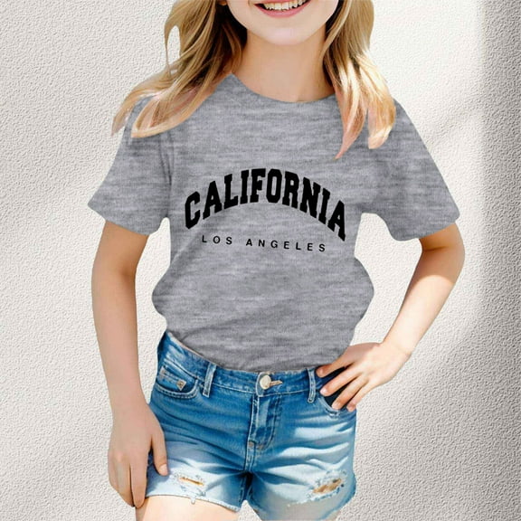 Kids Girls T Shirts Grey Printed Girls Short Sleeve Tops Summer Tops for Teens Oversized Girl Clothes 4-5 Years