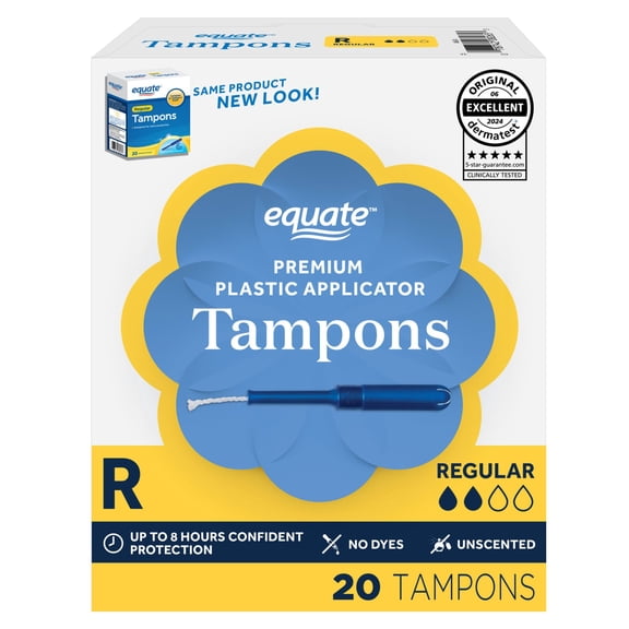 Equate Tampons with Premium Plastic Applicators, Unscented, Regular, 20 Count