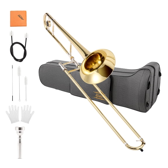 Eastar B Flat Tenor Trombone, Gold Brass Instrument Ideal for Beginner Students, Complete with Case, Mouthpiece, White Gloves and Cleaning Kit