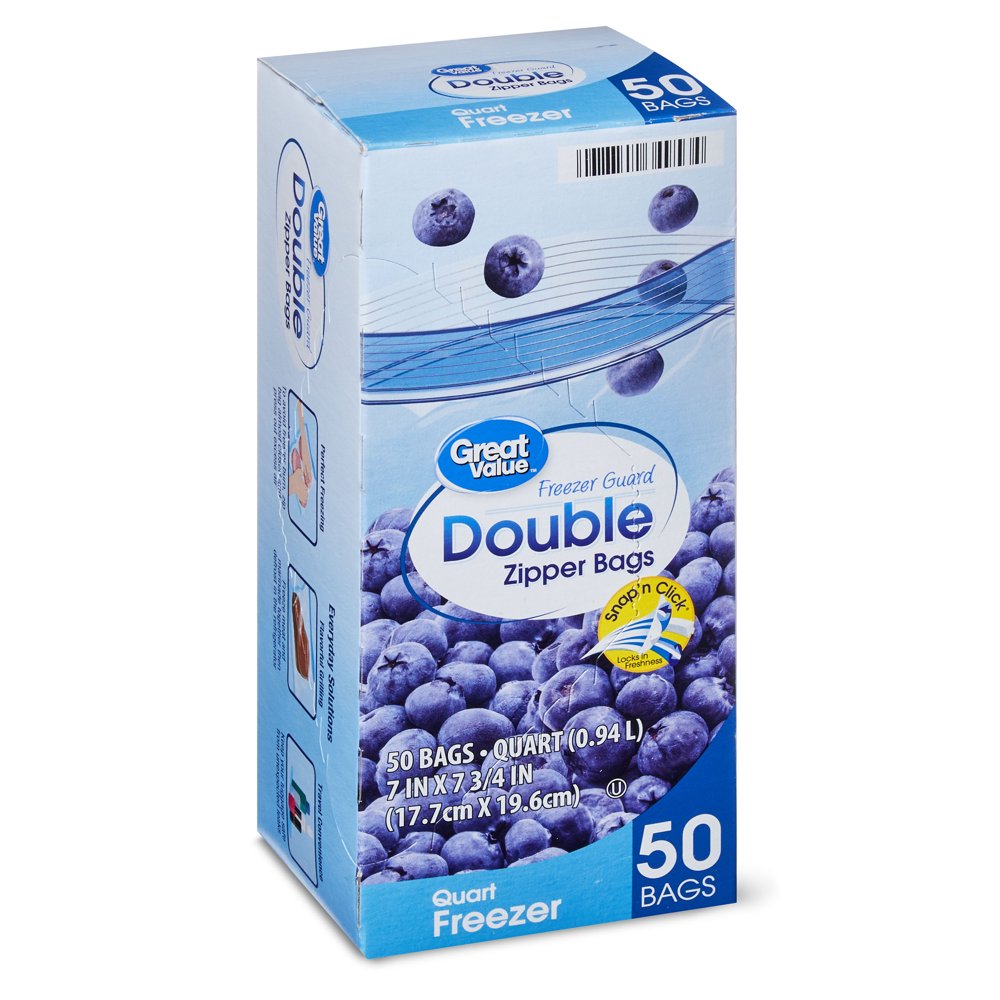 Great Value Freezer Guard Double Zipper Freezer Bags, Quart, 50 Count