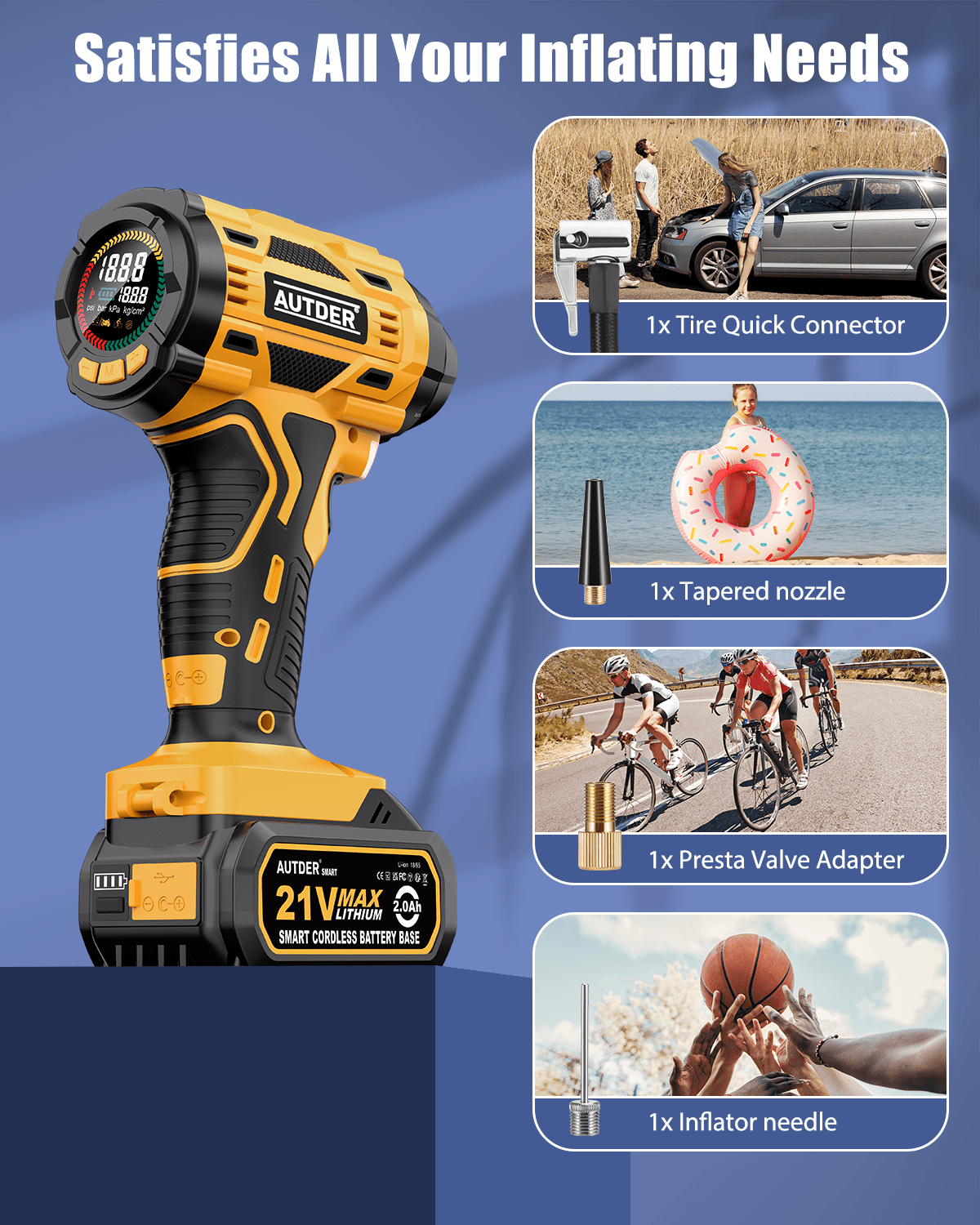 Autder Tire Inflator 180 PSI Cordless Air Compressor with Battery and Car Adapter, Yellow